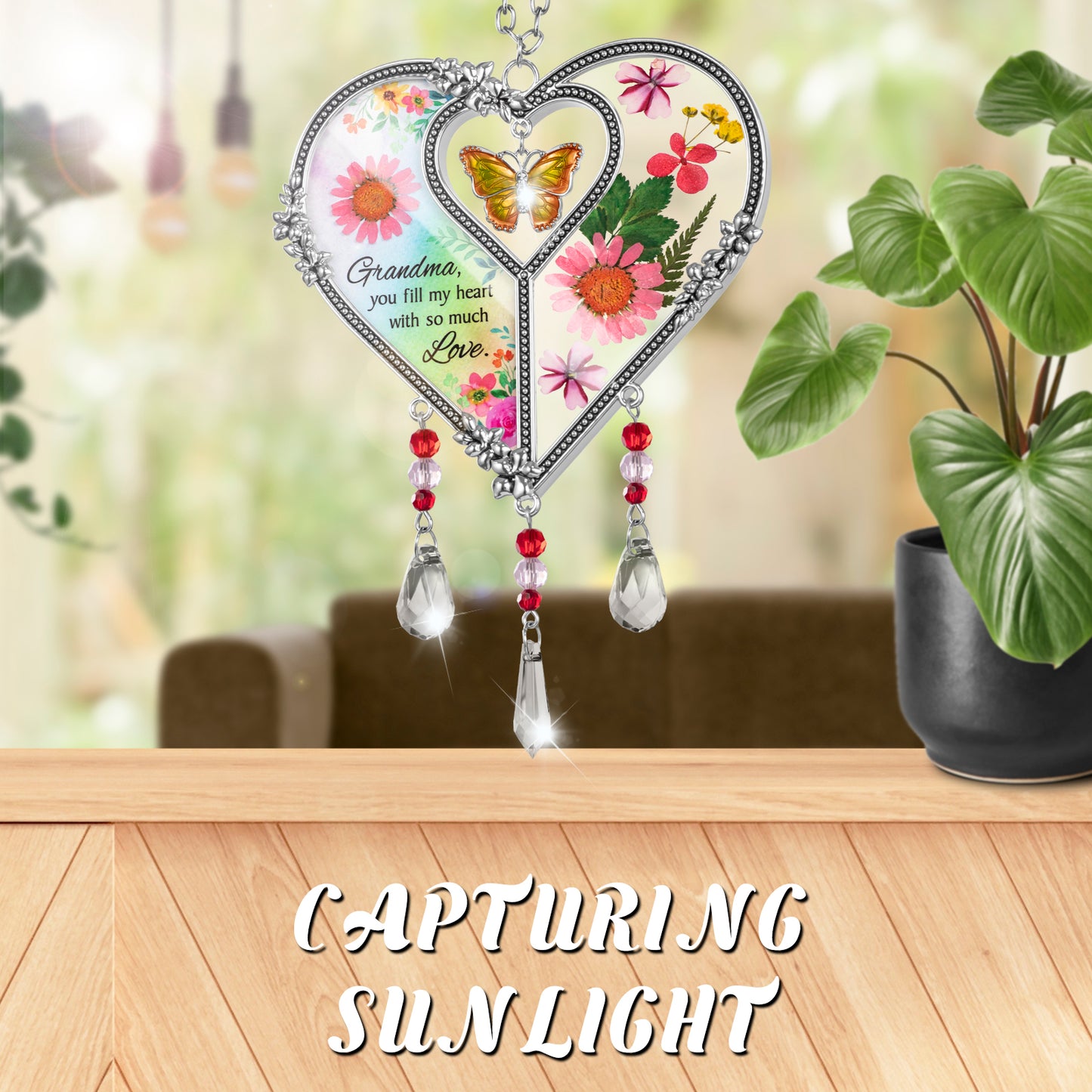 Laraine Heart Shaped Suncatcher with Pressed Flower Wings Grandma Yellow Butterfly