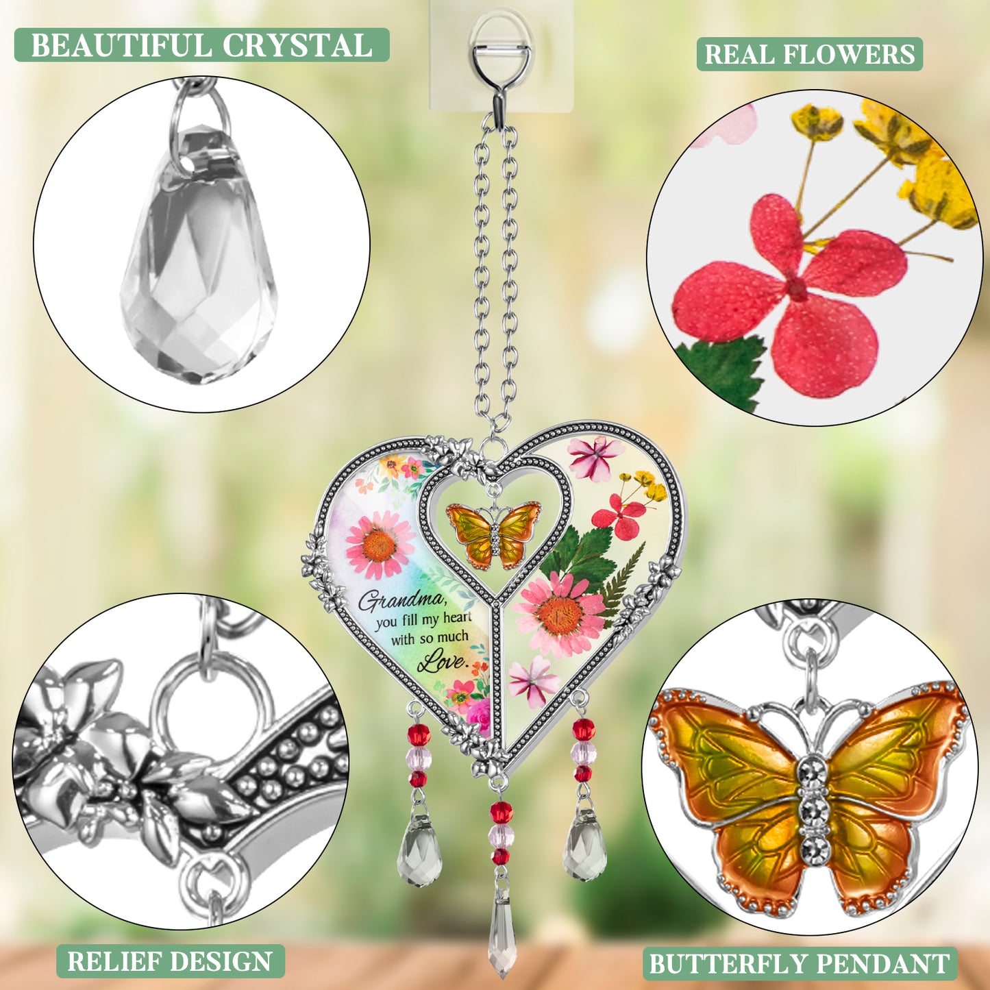 Laraine Heart Shaped Suncatcher with Pressed Flower Wings Grandma Yellow Butterfly