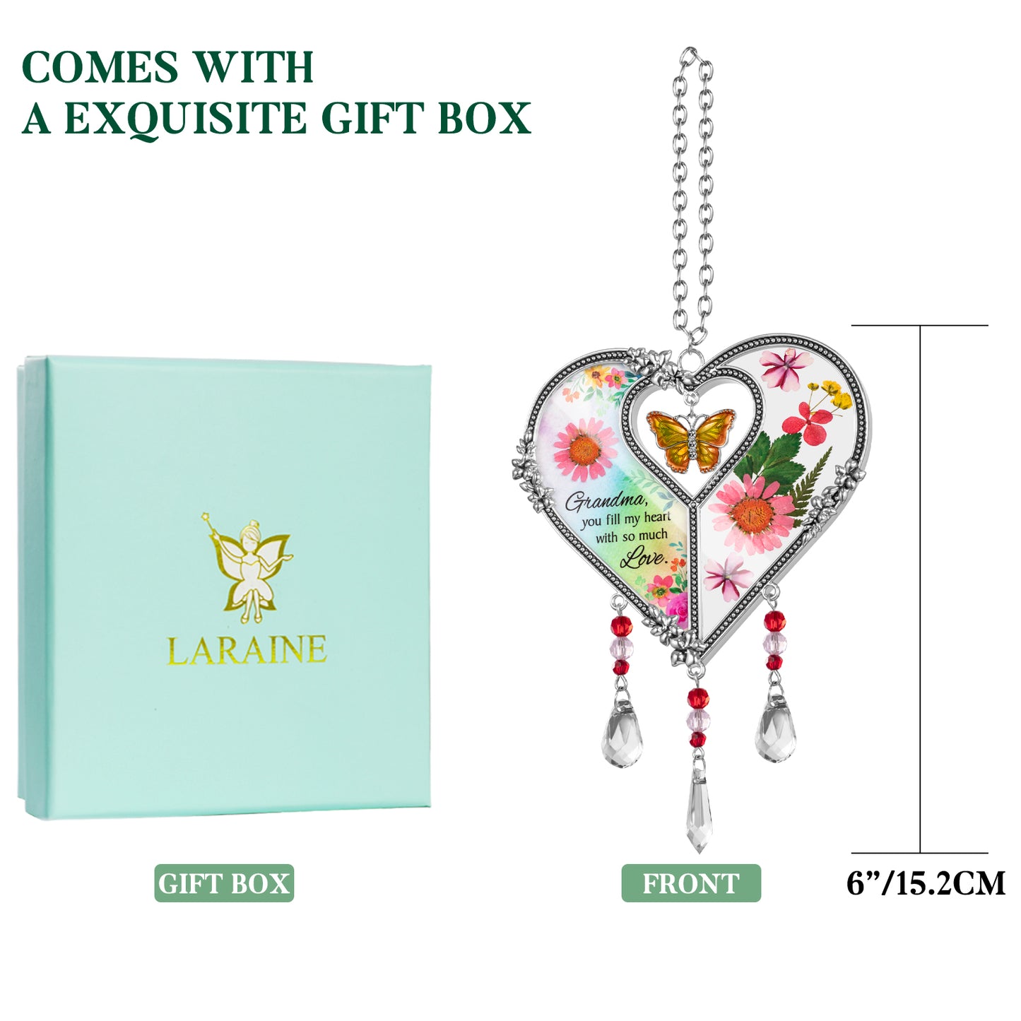 Laraine Heart Shaped Suncatcher with Pressed Flower Wings Grandma Yellow Butterfly