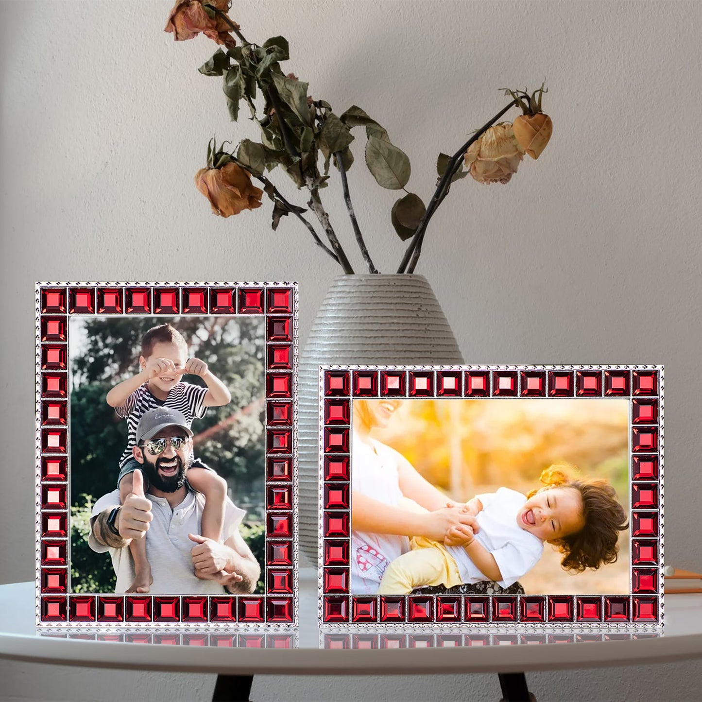 LARAINE Picture Photo Frame 5x7 Rhinestones Metal High Definition Glass Display (Red)