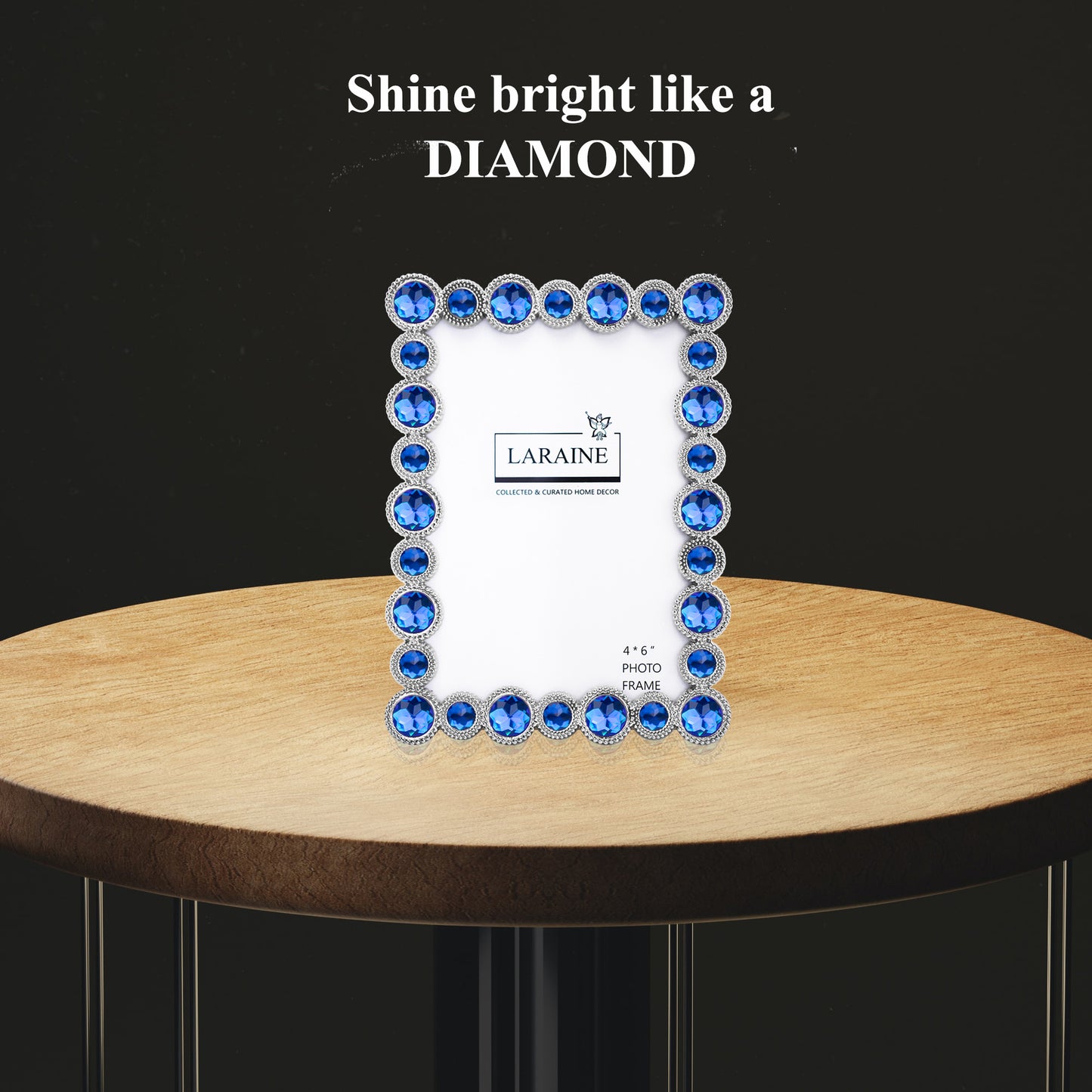 LARAINE Picture Photo Frame 4x6 Rhinestones Metal High Definition Glass Display (Blue)