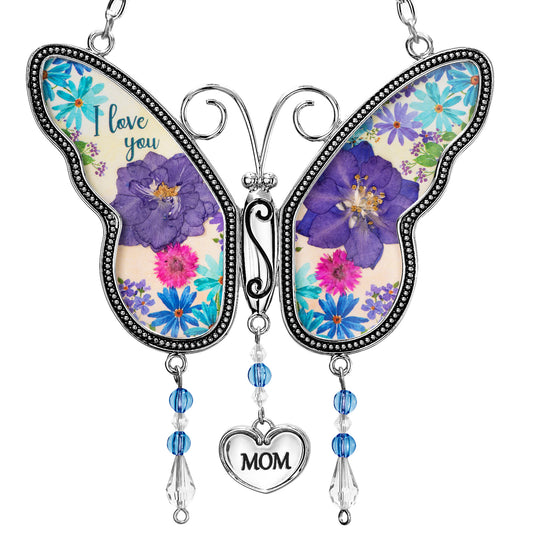 Laraine Butterfly Suncatcher with Pressed Flower Wings I Love You (Purple&Blue,Mom)