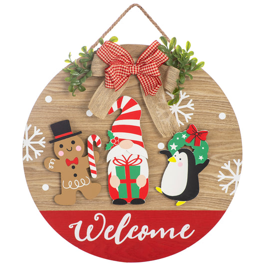 LARAINE Christmas Wooden 15-inch Seasonal Welcome Sign for Front Door, Round Welcome Hanging Sign Porch Sign Gnome Rustic Winter Style Holiday Decoration
