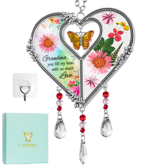 Laraine Heart Shaped Suncatcher with Pressed Flower Wings Grandma Yellow Butterfly