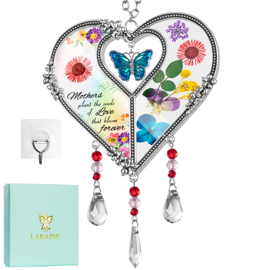 Laraine Heart Shaped Suncatcher with Pressed Flower Wings Mom Blue Butterfly