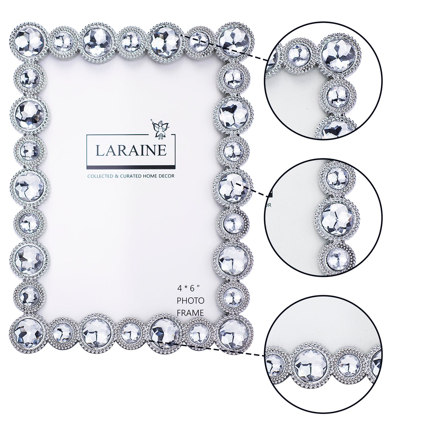 LARAINE Picture Photo Frame 4x6 Rhinestones Metal High Definition Glass Display (Silver)